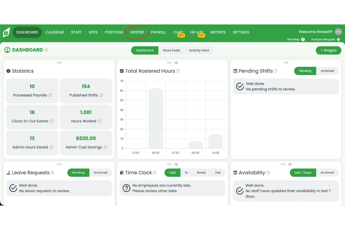 Roster tab highlighted in RosterElf top navigation bar