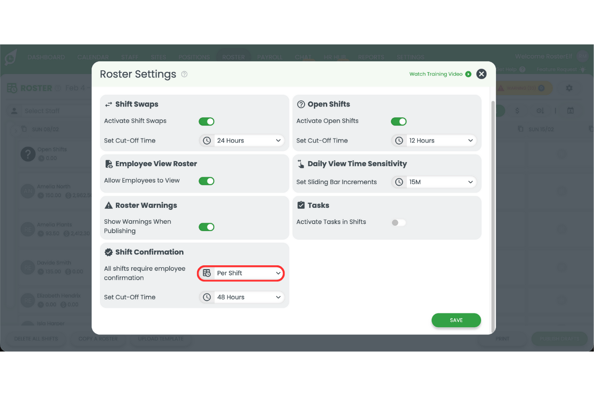 Screenshot of shift confirmation toggle switch in rostering software settings panel