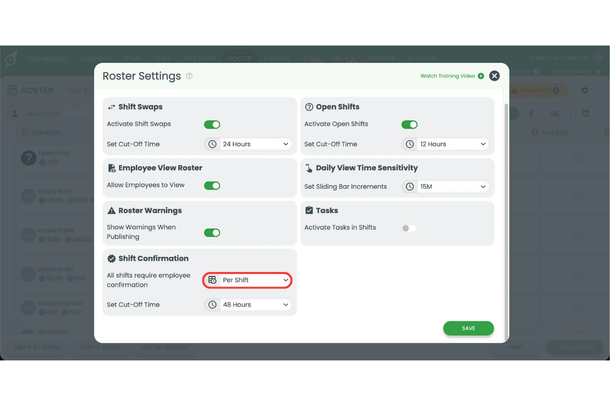 Shift confirmation toggle switch enabled in RosterElf roster settings panel