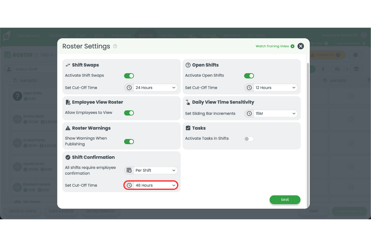Screenshot showing shift confirmation cut-off time selector in RosterElf settings