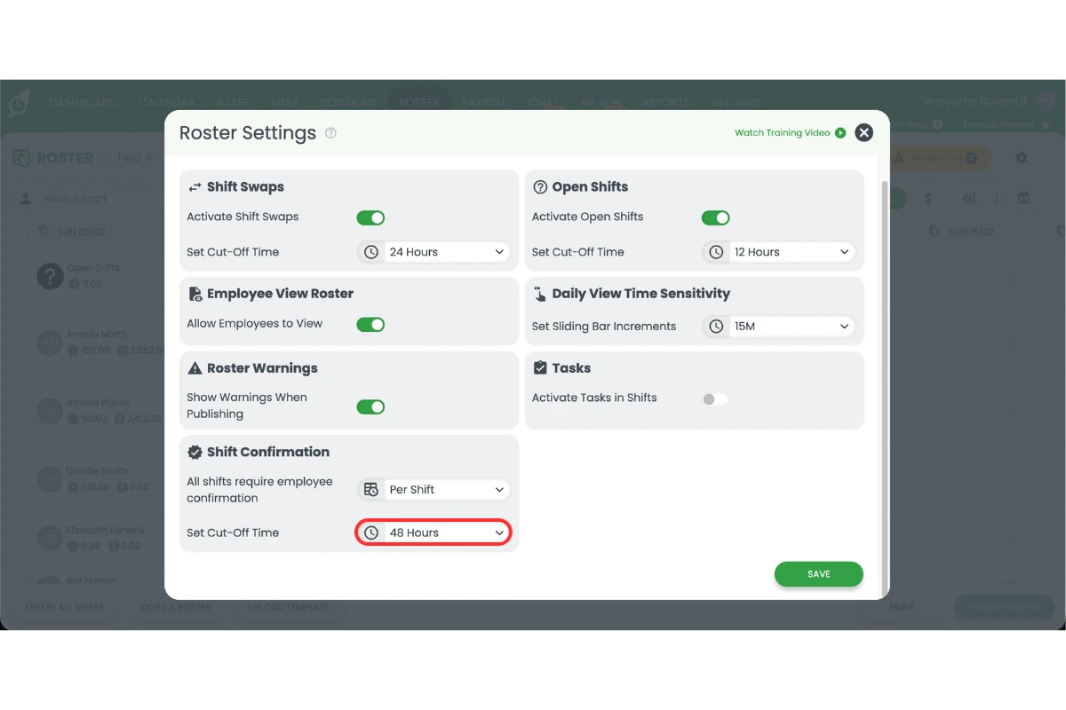 Shift confirmation cut-off time selector in RosterElf roster settings