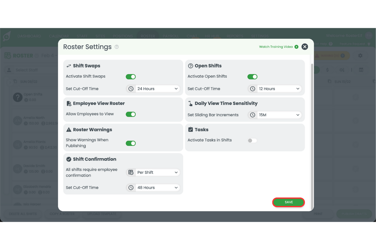 Screenshot showing Save button location in RosterElf roster settings