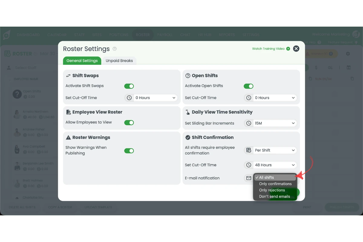 Email preferences for shift confirmation notifications in RosterElf roster settings