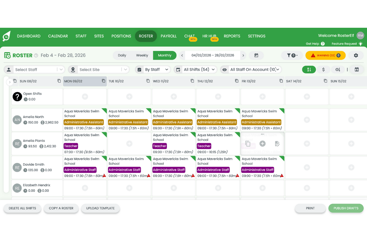 Screenshot of RosterElf calendar view showing roster tab navigation