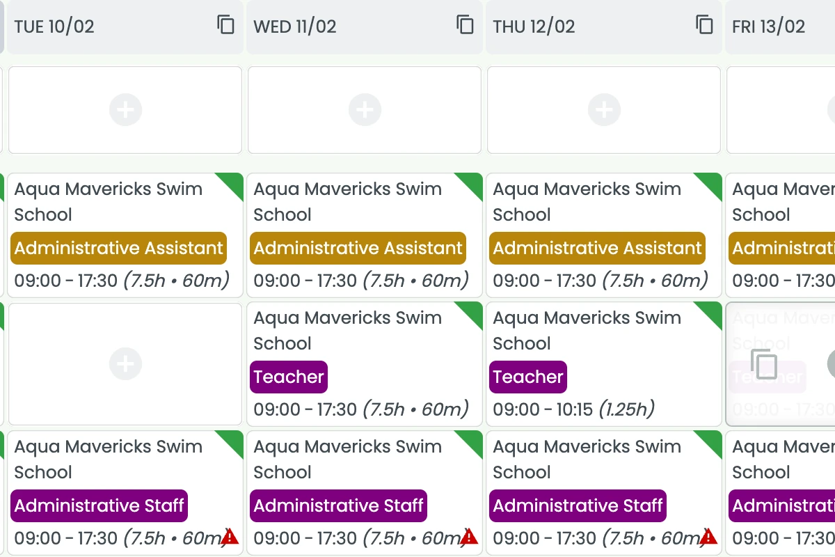 RosterElf roster calendar view showing the roster tab navigation