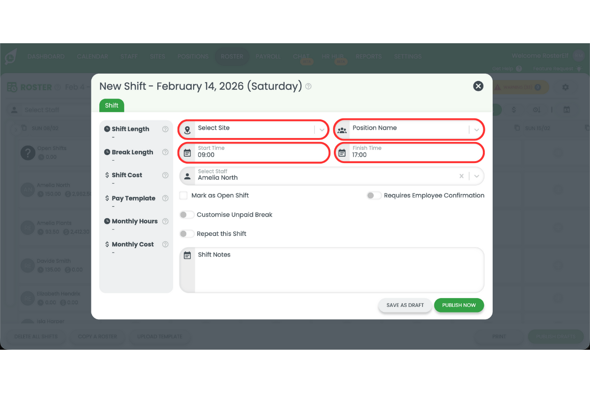 Screenshot of shift creation form with staff, position and time fields in RosterElf