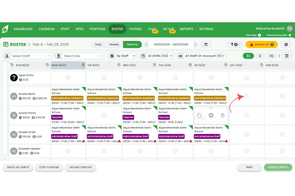 Add shift button in RosterElf roster calendar