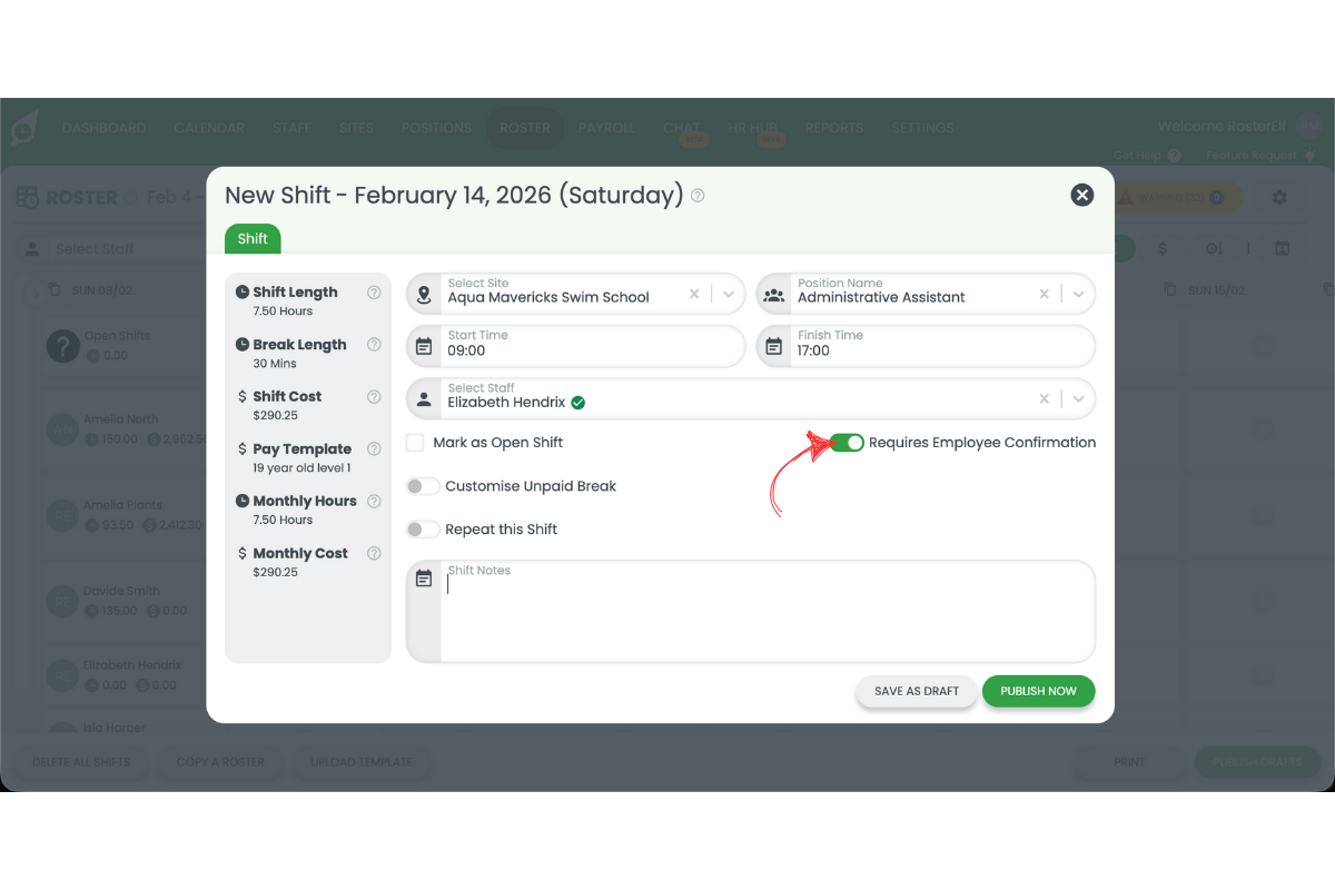 Shift confirmation checkbox ticked in RosterElf shift creation form