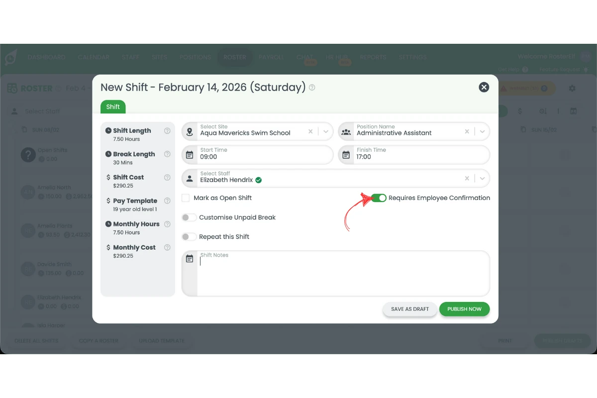Shift confirmation checkbox ticked in RosterElf shift creation form