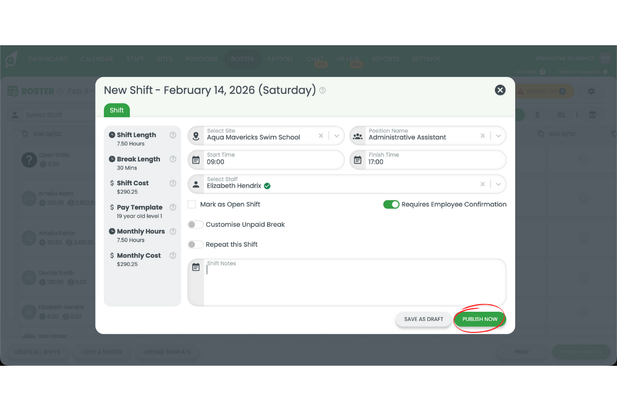 Save as draft and Publish buttons in RosterElf shift creation form