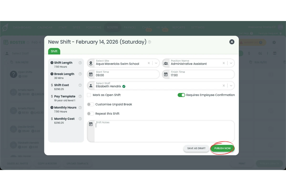 Save as draft and Publish buttons in RosterElf shift creation form