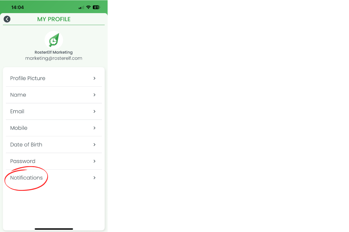 Notifications option in RosterElf iOS settings