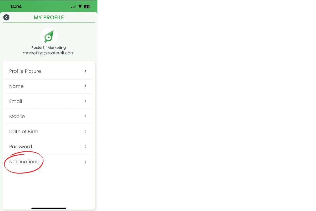 Notifications option in RosterElf iOS settings