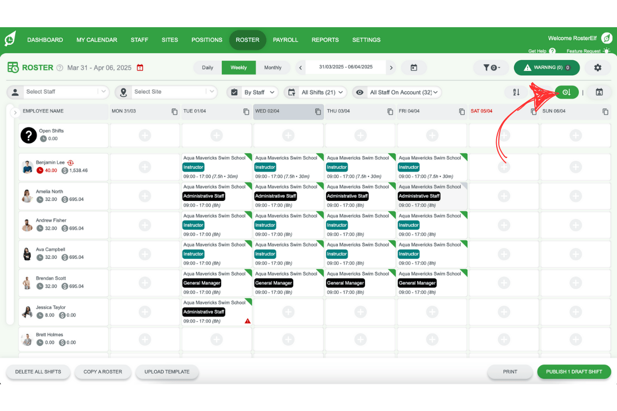 Screenshot of the roster with an 'Order by Shift Length' option in RosterElf