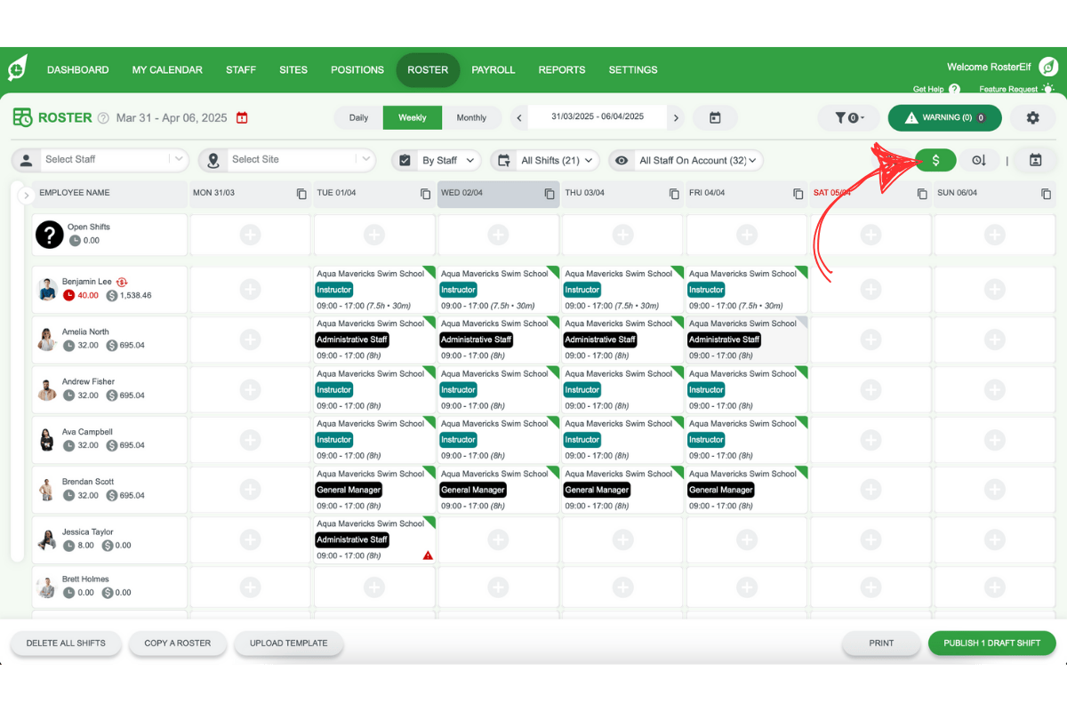 Screenshot showing the option to order by cost in RosterElf