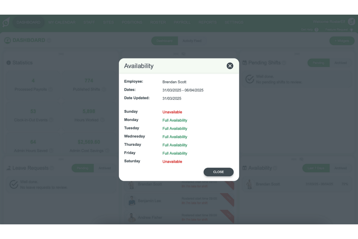 Screenshot showing a specific availability record within RosterElf.