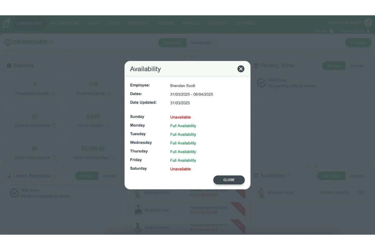 Screenshot showing a specific availability record within RosterElf.