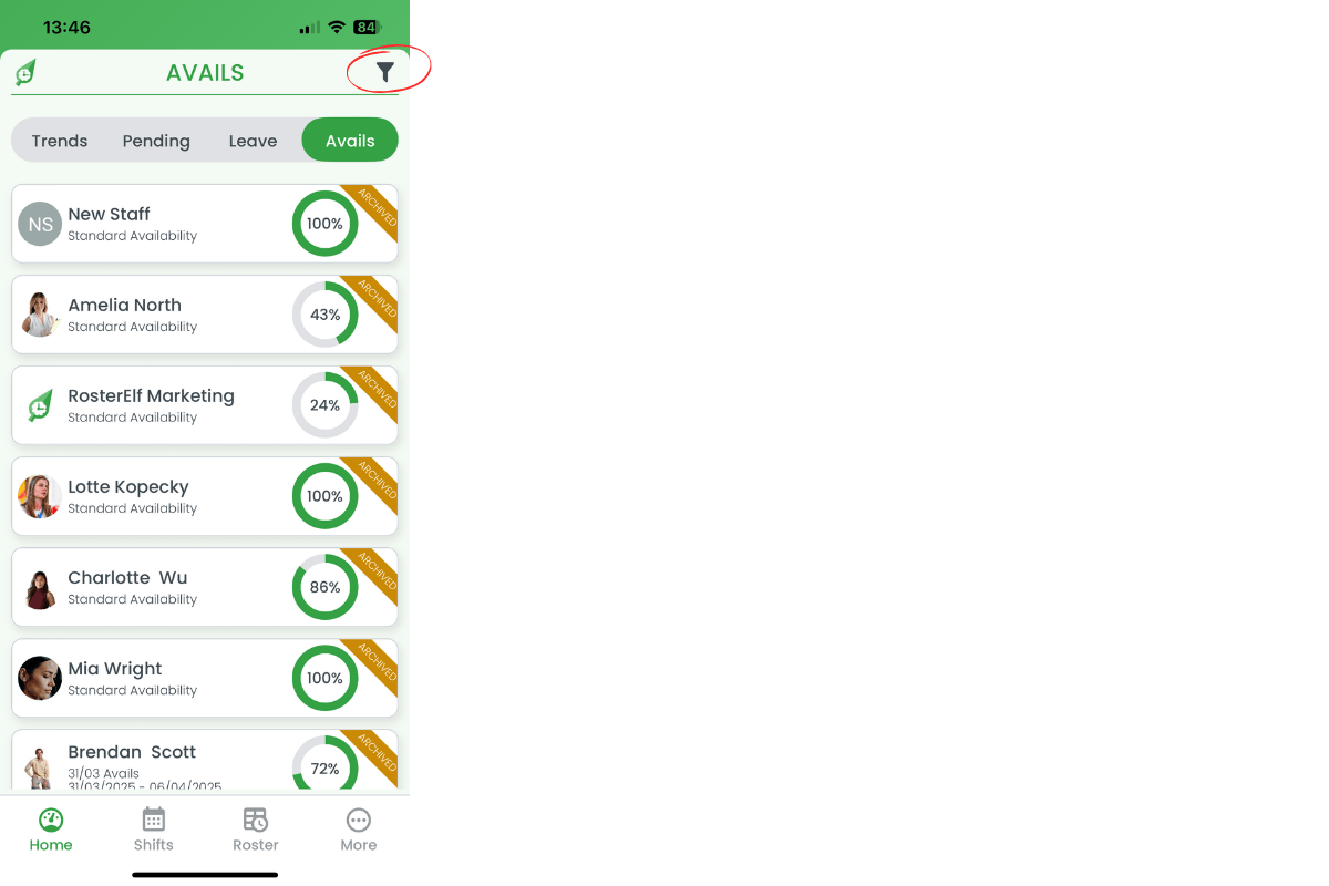 Staff management interface in RosterElf