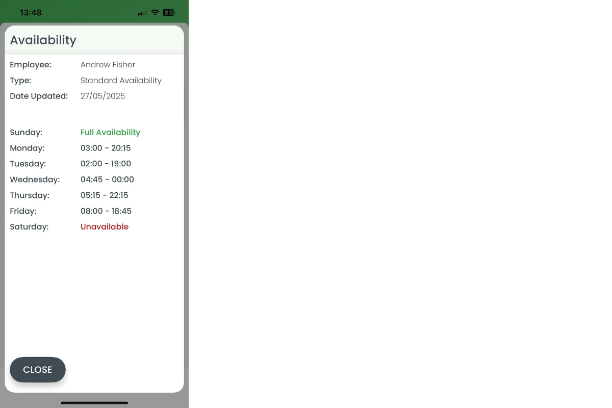 An employee's detailed availability card in the RosterElf app