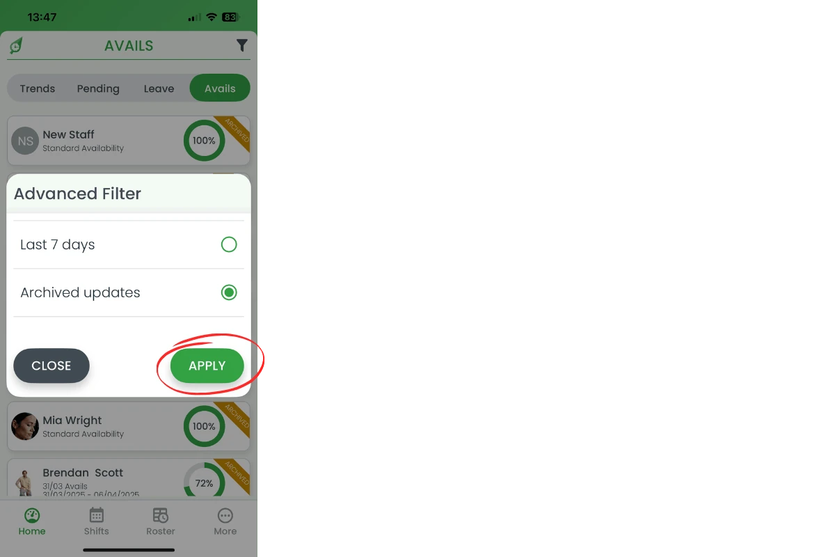 Filtering to archived availability updates in the RosterElf app