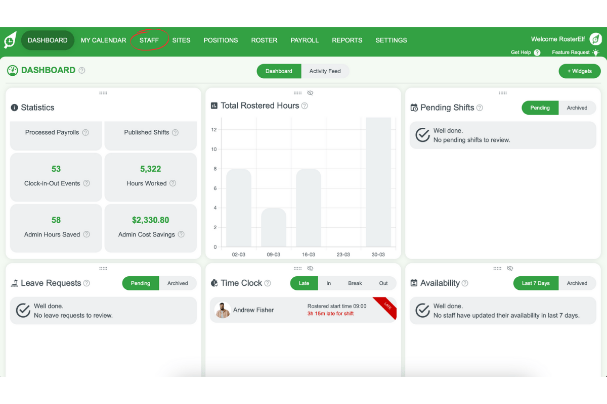 Navigating to the Staff section in RosterElf
