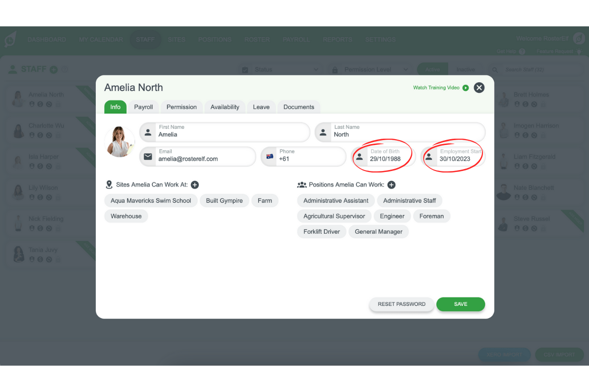 Editing an employee's profile to update date of birth and start date