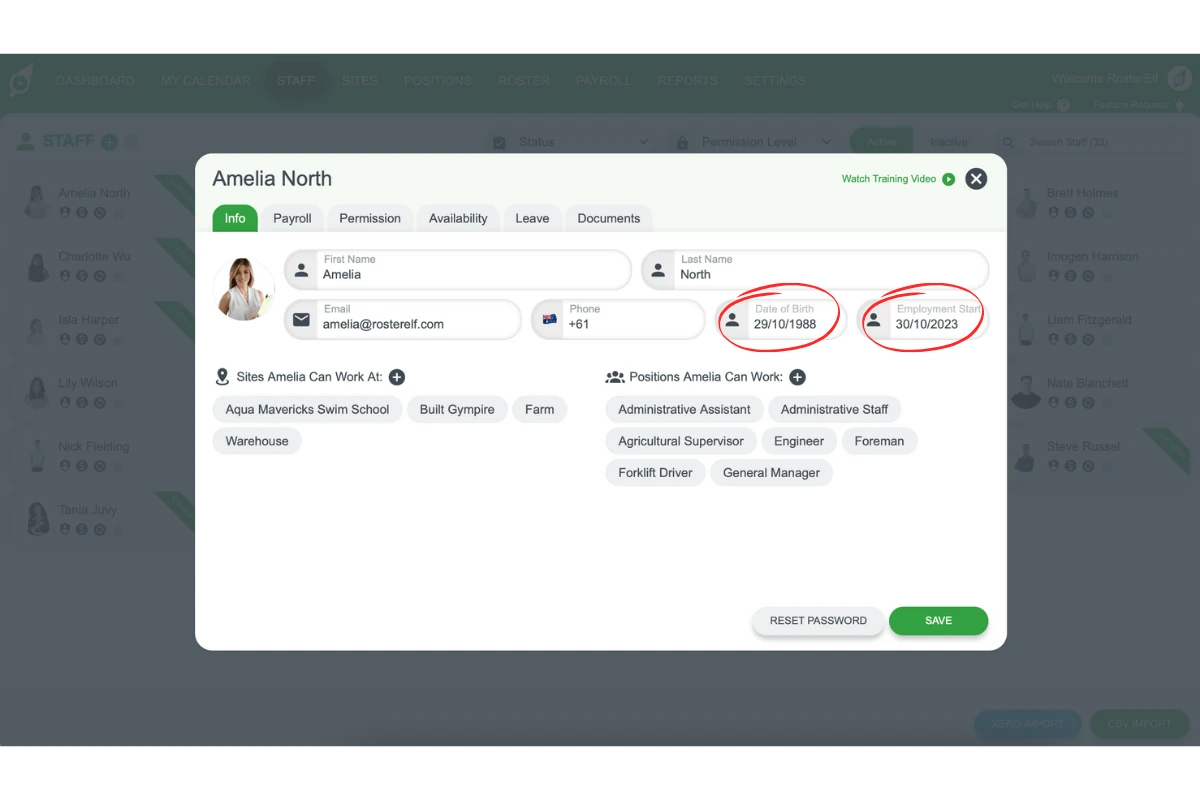 Editing an employee\'s profile to update date of birth and start date