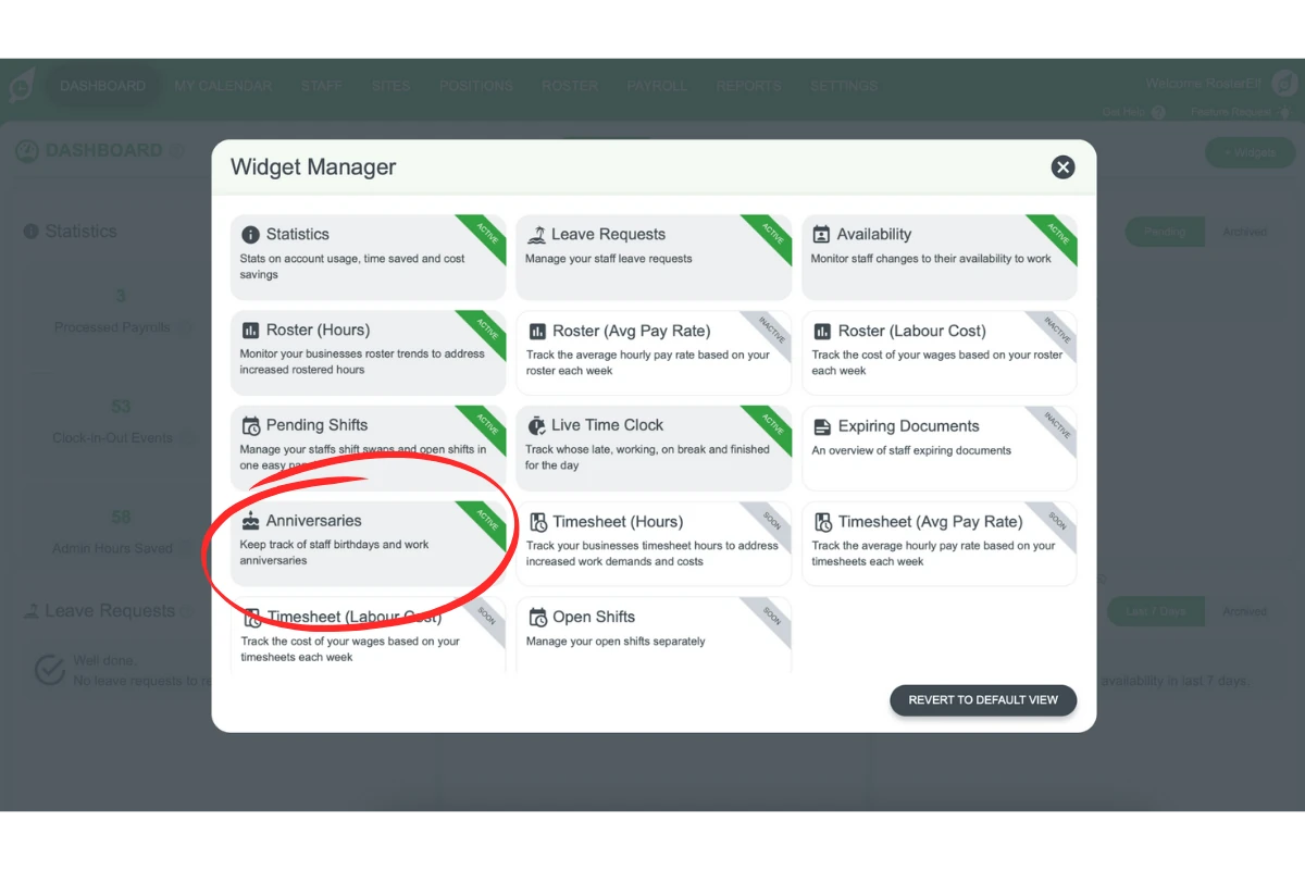 Selecting the Anniversary widget in the widget selection menu