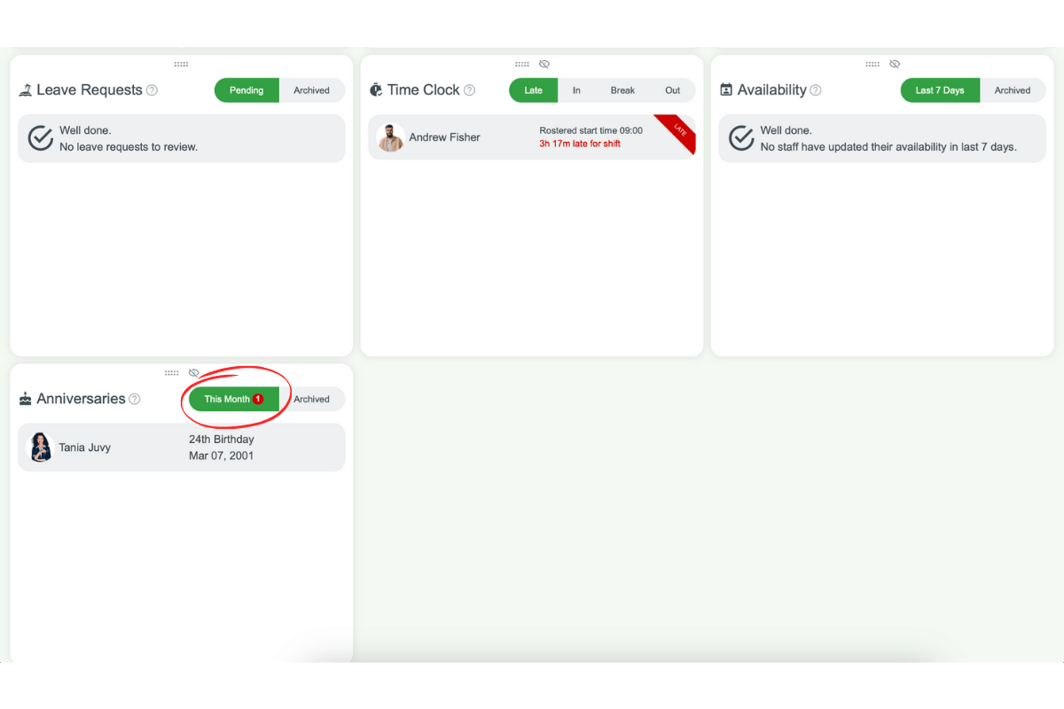 RosterElf Anniversary widget showing this month's events