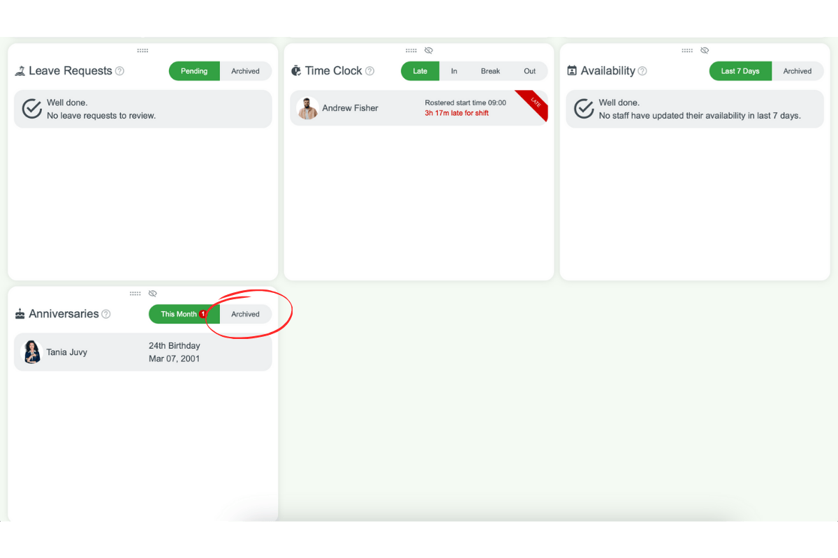 Archived events section in the Anniversary widget