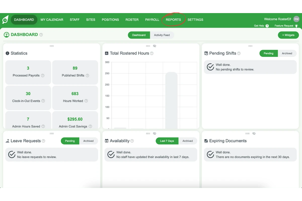 RosterElf dashboard with the Reports tab selected