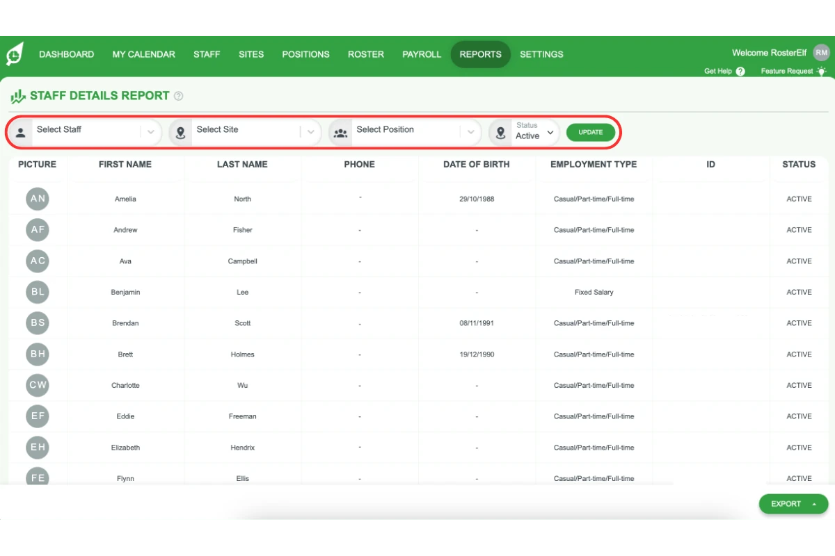 Search and filter options on the RosterElf Staff Details Report