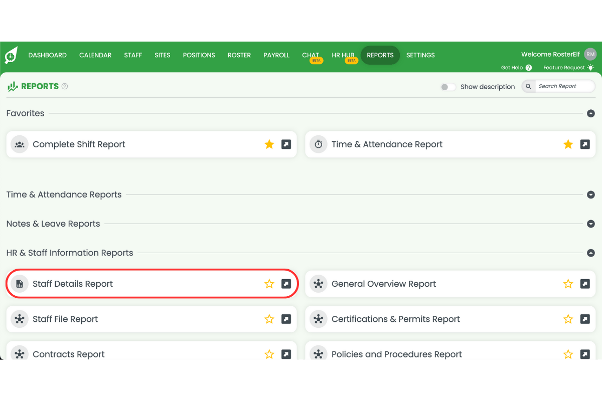 Screenshot showing the staff details report in RosterElf