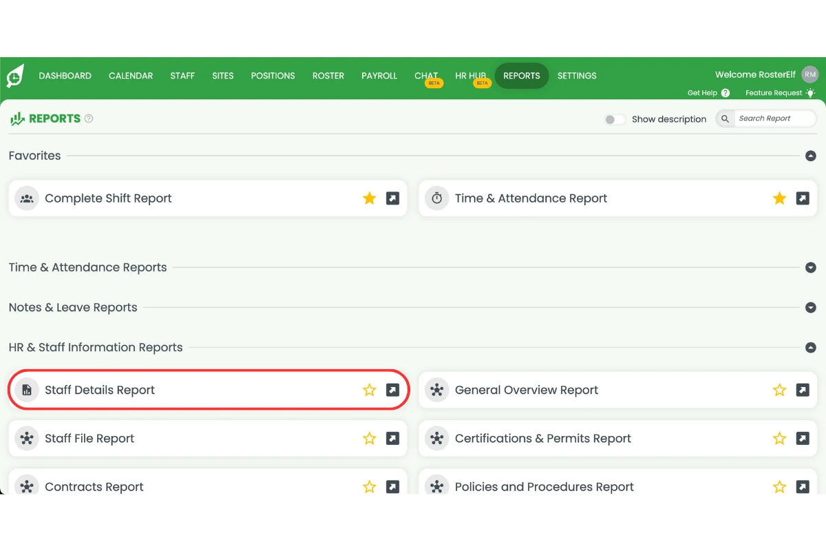 Screenshot showing the staff details report in RosterElf