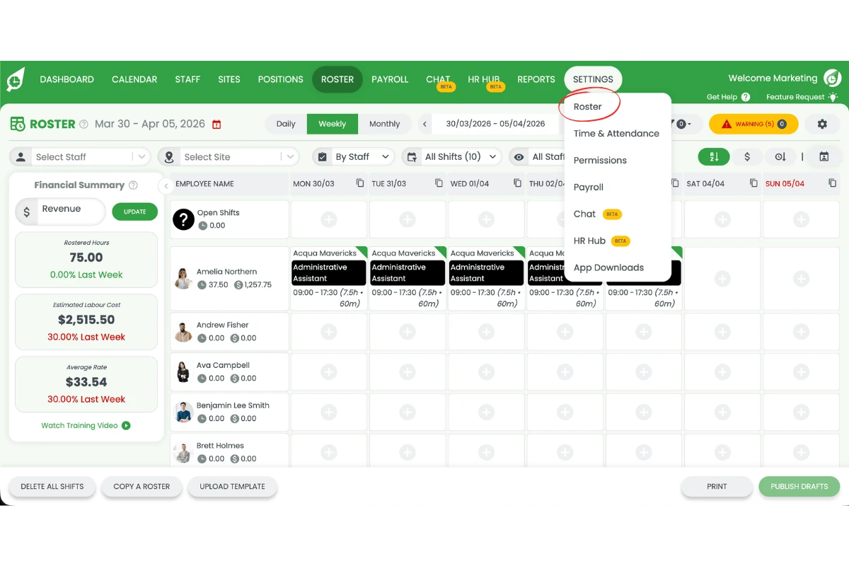 RosterElf dashboard with the Settings dropdown open, showing the Roster option