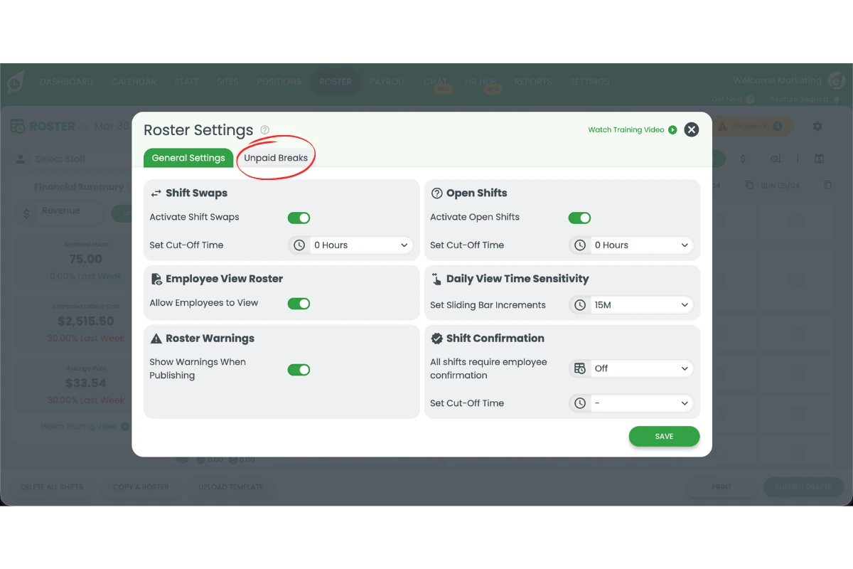 Roster Settings panel in RosterElf with the Unpaid Breaks tab highlighted