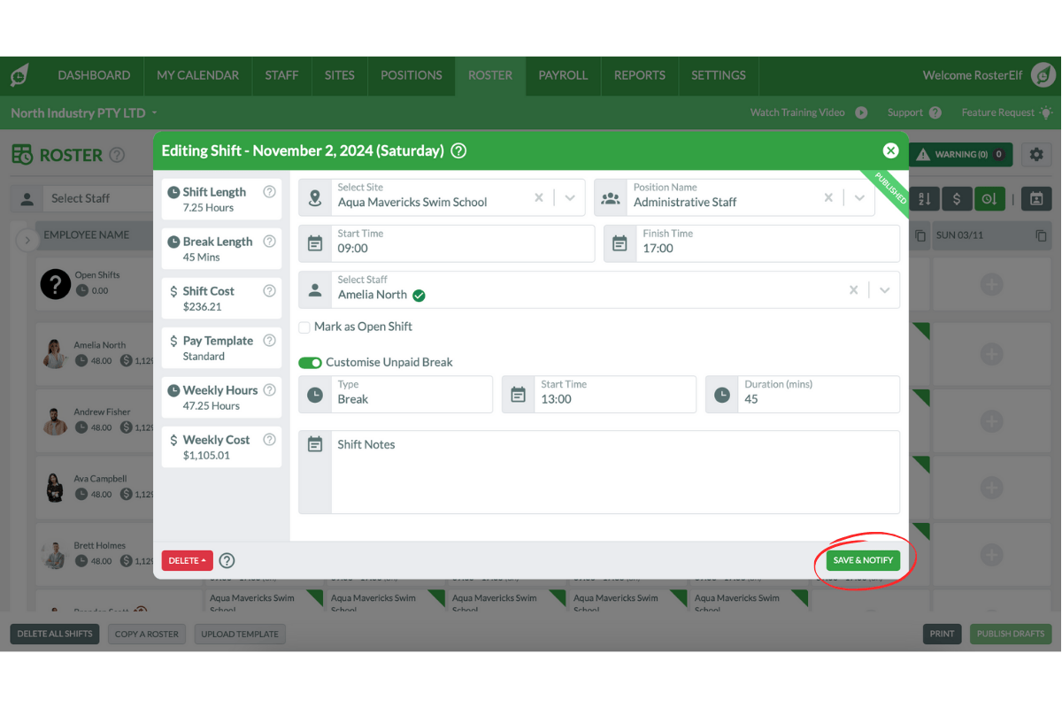 Screenshot demonstrating how to set specific break start times and durations