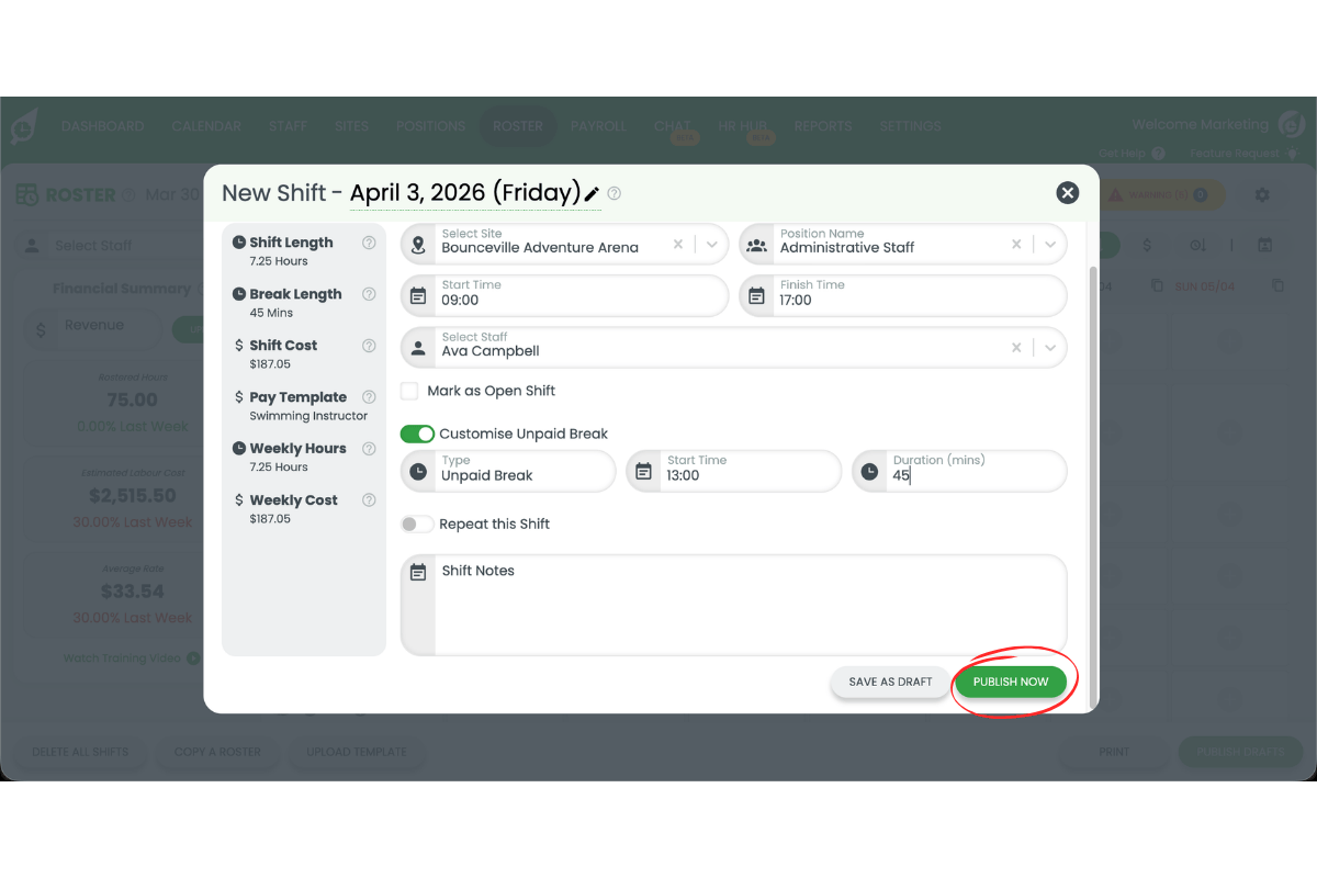New shift modal in RosterElf with Customised Unpaid Break enabled, showing break type, start time and duration fields