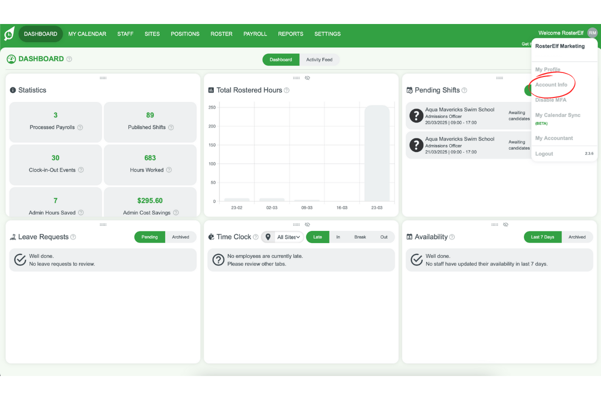 Screenshot highlighting the 'account info' option in the dropdown