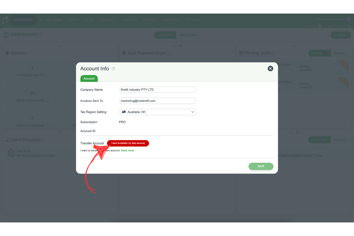 Screenshot showing the 'I want to transfer my Xero account' option