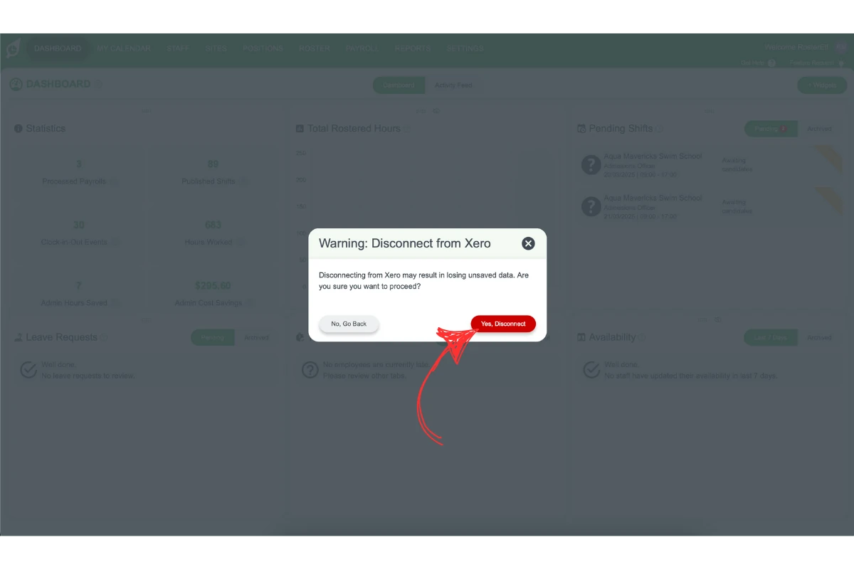 Screenshot indicating the confirmation prompt for Xero account transfer