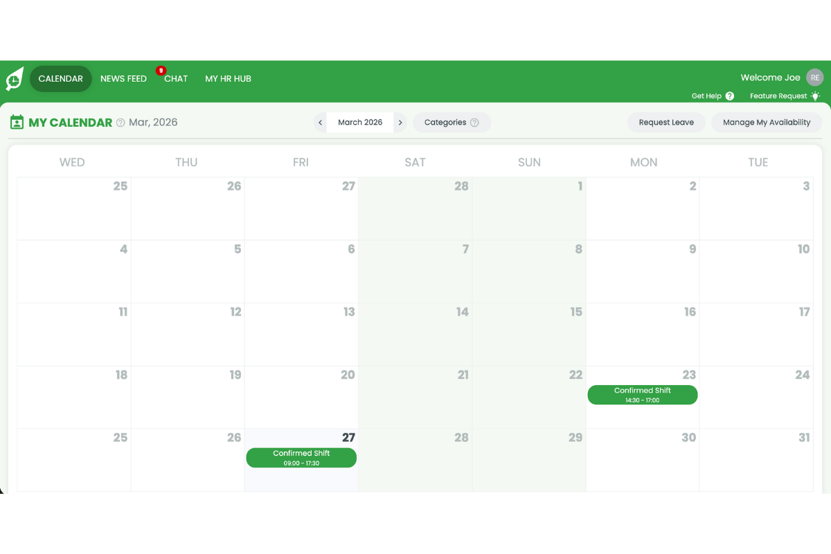 RosterElf web app main navigation with My Calendar highlighted