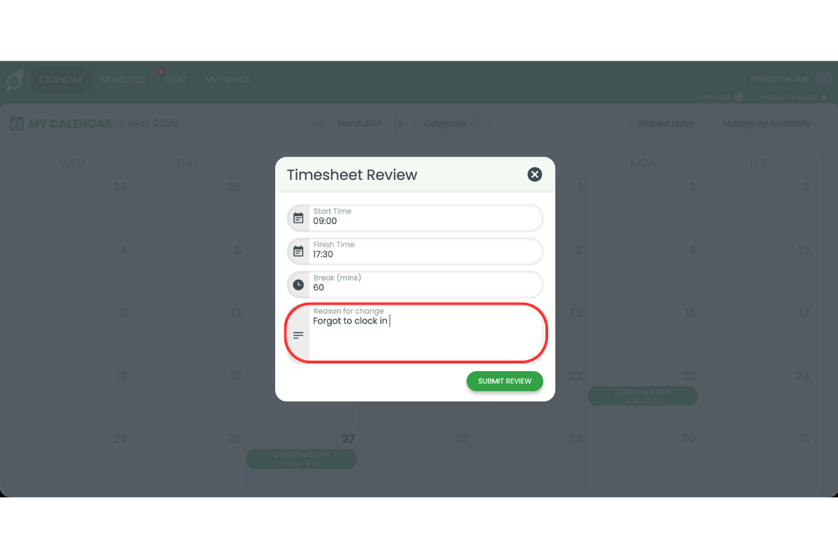 RosterElf timesheet form in the web app with the Submit for Review button highlighted