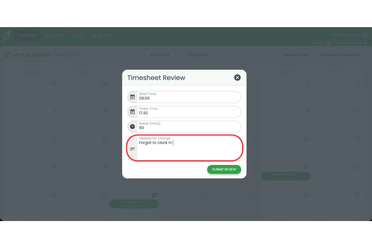 RosterElf timesheet form in the web app with the Submit for Review button highlighted