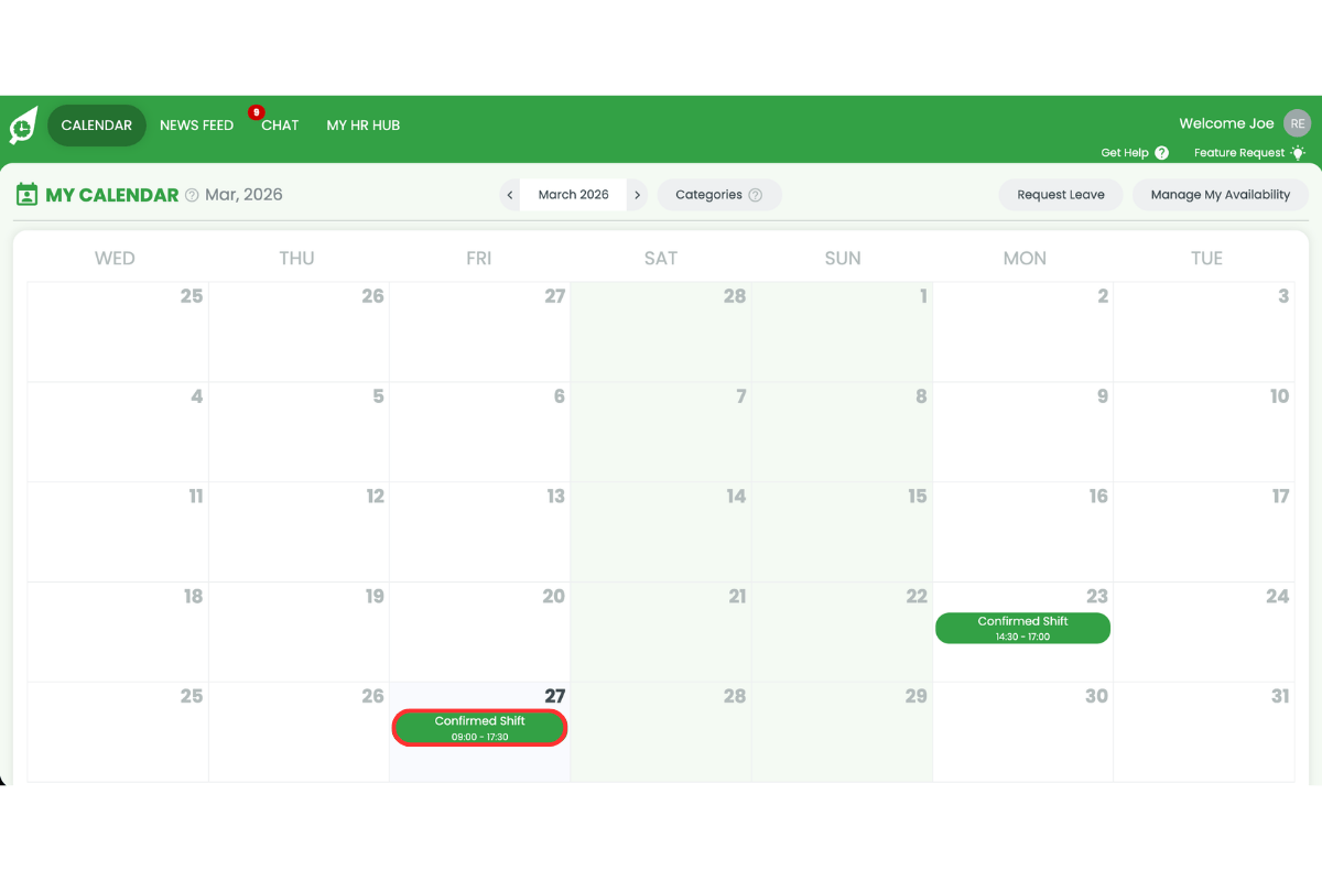 RosterElf shift detail panel with the Timesheet button highlighted