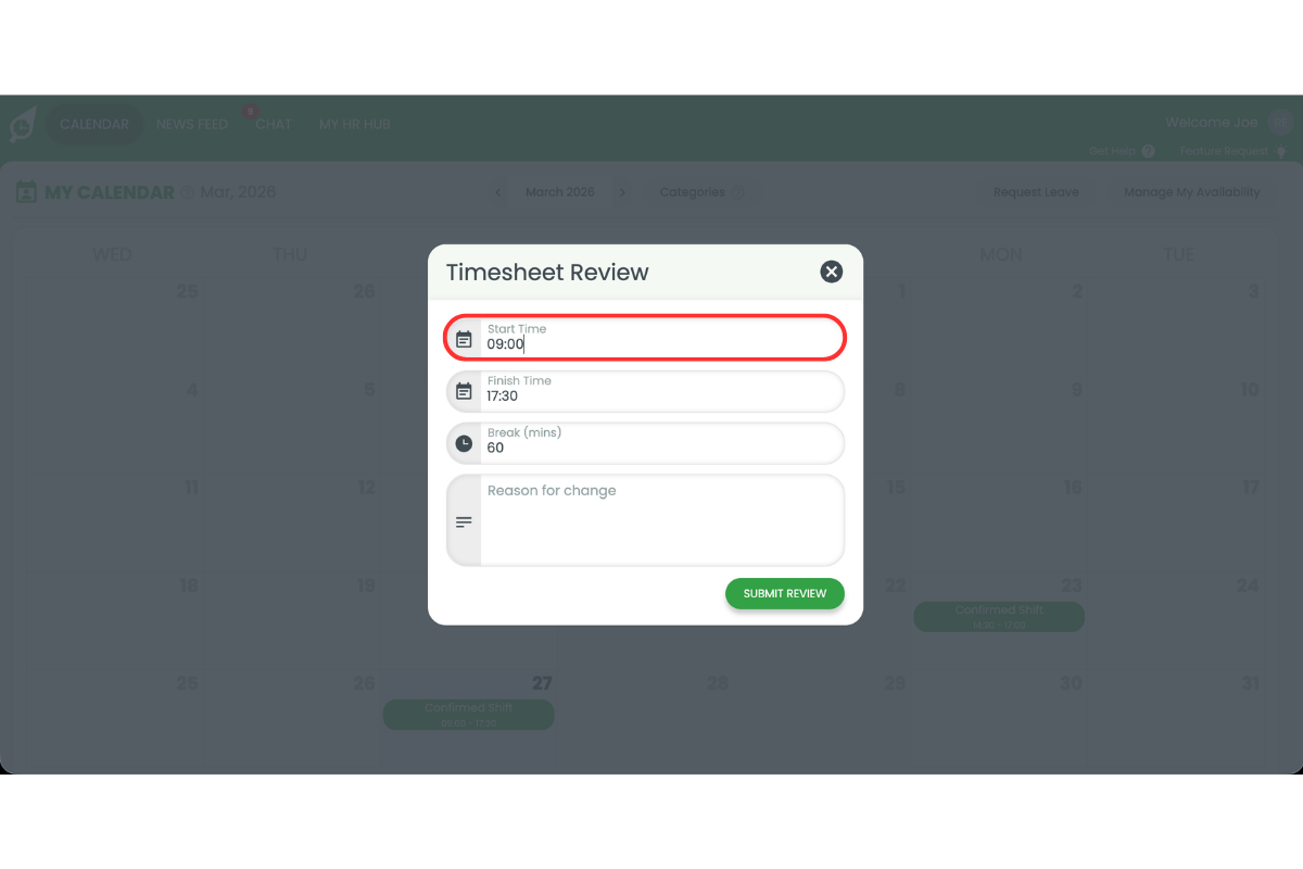 RosterElf timesheet form in the web app showing start and finish time input fields