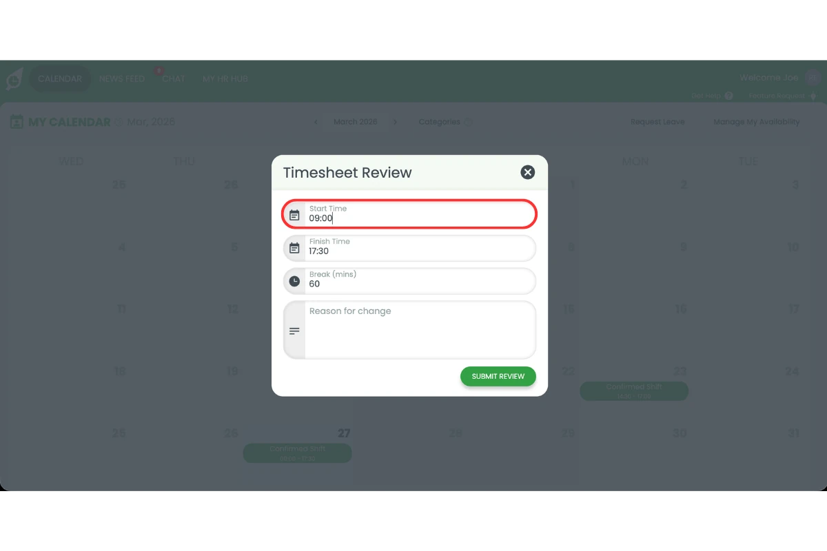 RosterElf timesheet form in the web app showing start and finish time input fields