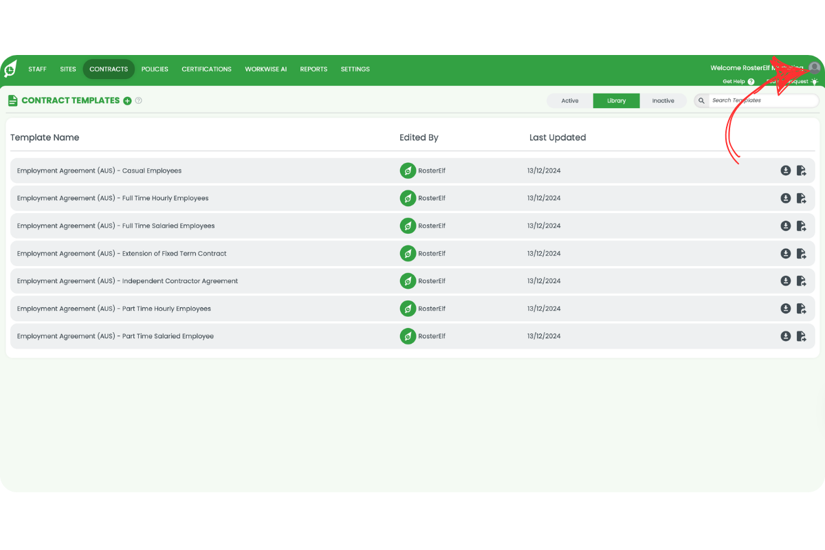 RosterElf dashboard with a red arrow pointing to the profile icon in the top right corner to access subscription settings