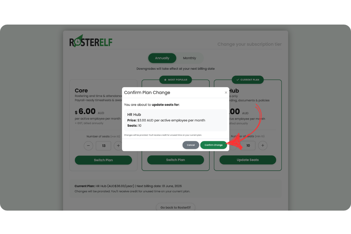 RosterElf Confirm Plan Change dialog showing a scheduled annual seat count reduction for HR Hub at $3 AUD per active employee per month with 10 seats. The yellow Schedule Downgrade button is highlighted, indicating the change takes effect at the next billing date.