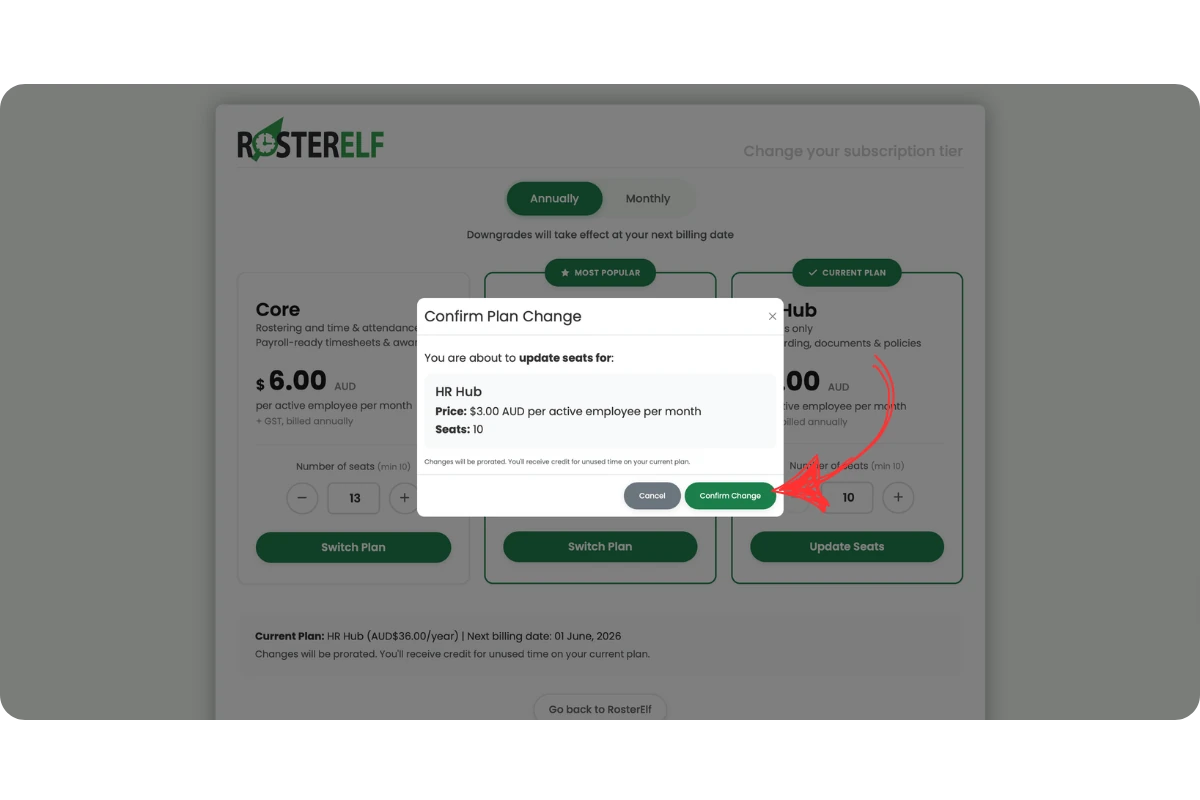 RosterElf Confirm Plan Change dialog showing a scheduled annual seat count reduction for HR Hub at $3 AUD per active employee per month with 10 seats. The yellow Schedule Downgrade button is highlighted, indicating the change takes effect at the next billing date.